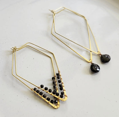 Wire Wrapped Black Spinel and Brass Diamond Hoop Earrings