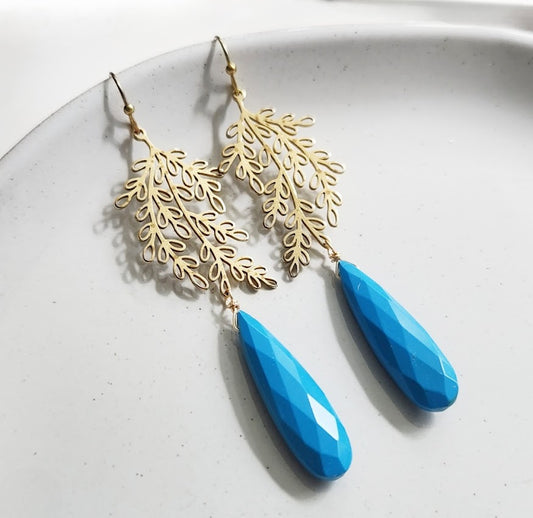 Turquoise Teardrop and Olive/Willow Leaf Statement Earrings