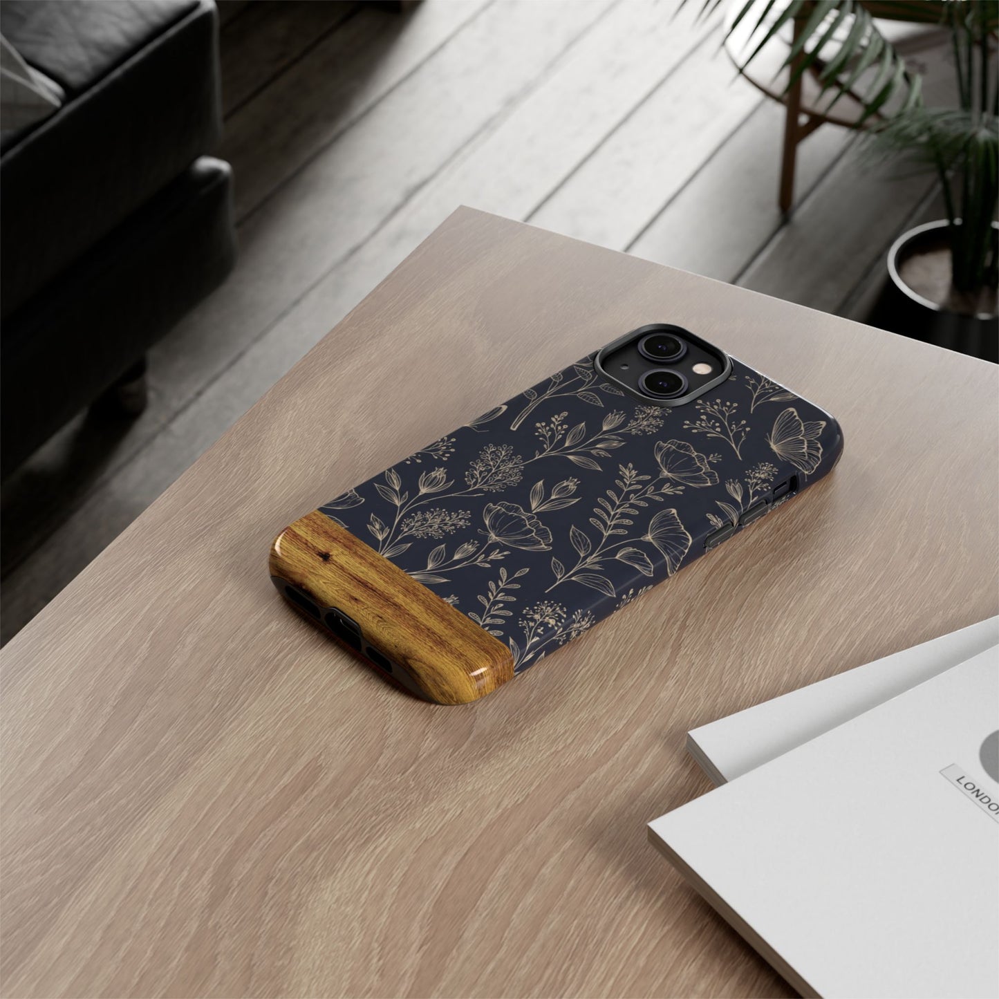 Floral Navy Tough Phone Case — Wood Accent Protective Cover