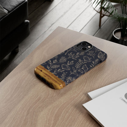 Floral Navy Tough Phone Case — Wood Accent Protective Cover