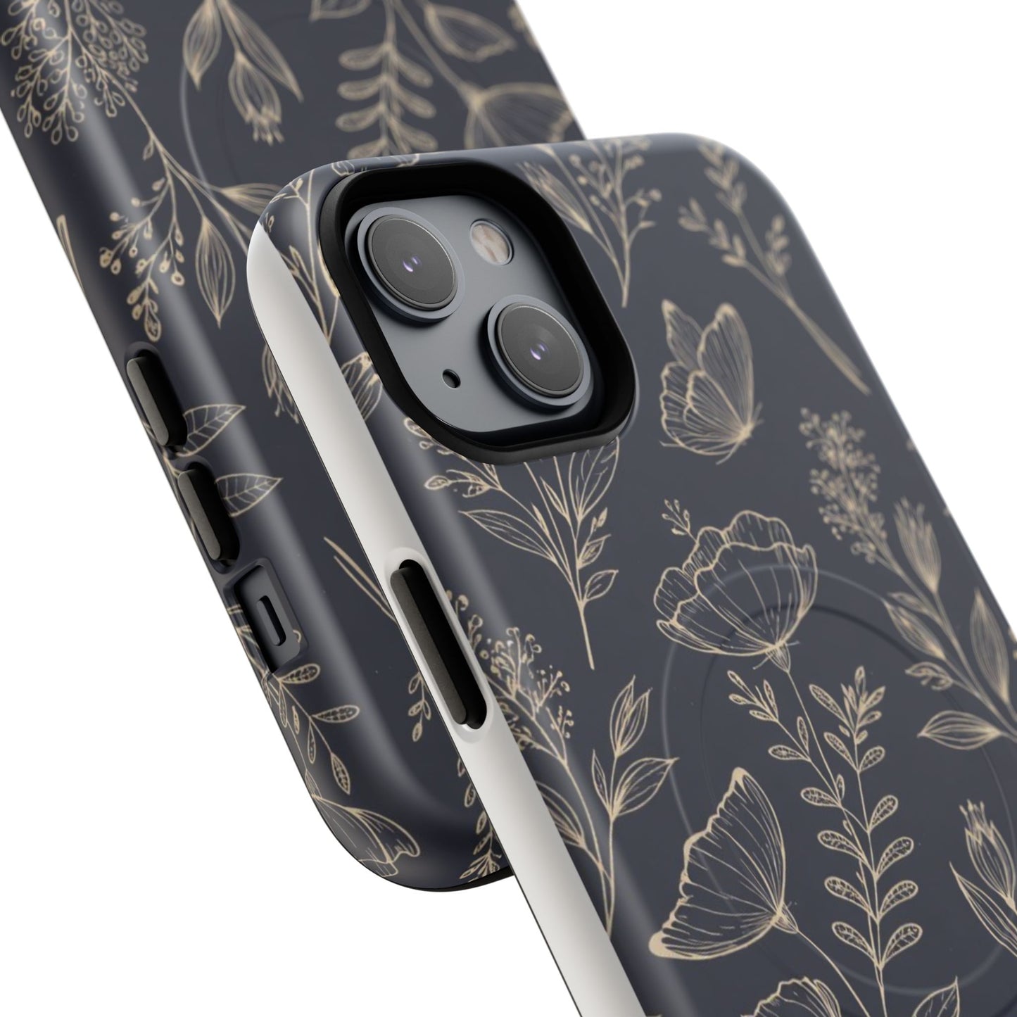 Floral Woodgrain Tough Magnetic Phone Case — Navy Botanical Protection