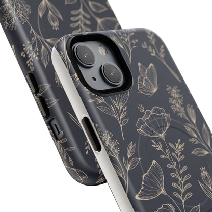 Floral Woodgrain Tough Magnetic Phone Case — Navy Botanical Protection