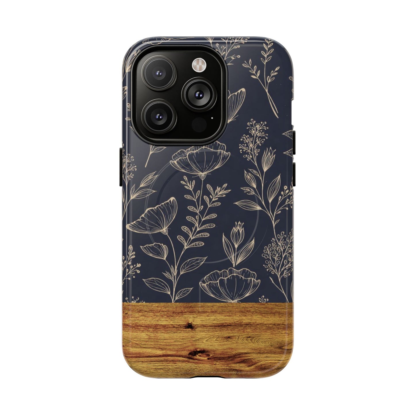 Floral Woodgrain Tough Magnetic Phone Case — Navy Botanical Protection