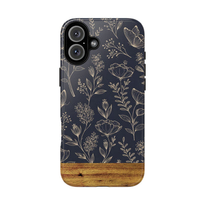 Floral Navy Tough Phone Case — Wood Accent Protective Cover
