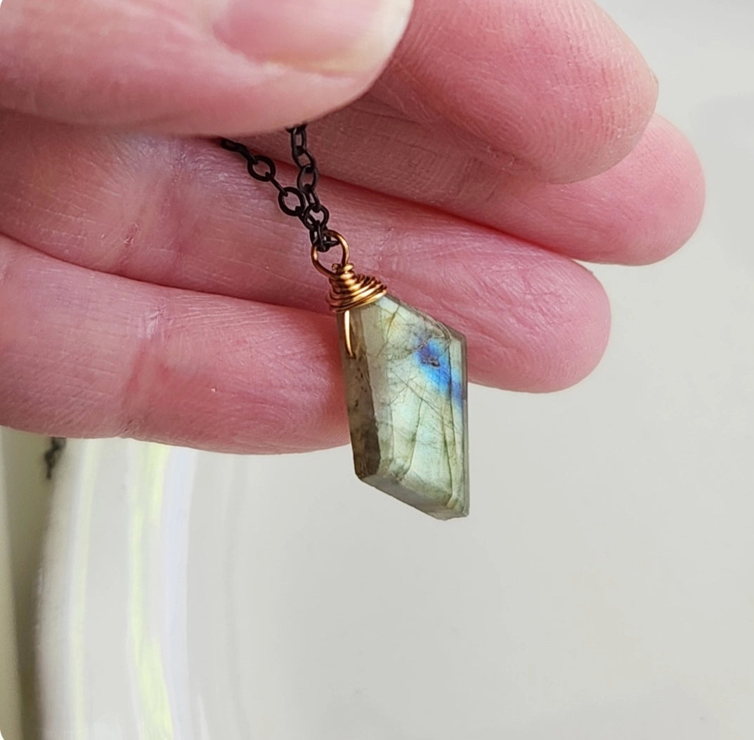 Flashy Labradorite & Black Brass Geometric Pendant Necklace