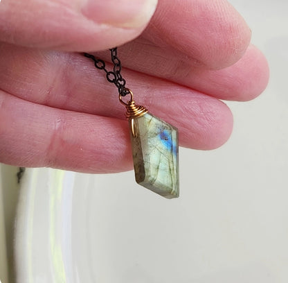 Flashy Labradorite & Black Brass Geometric Pendant Necklace