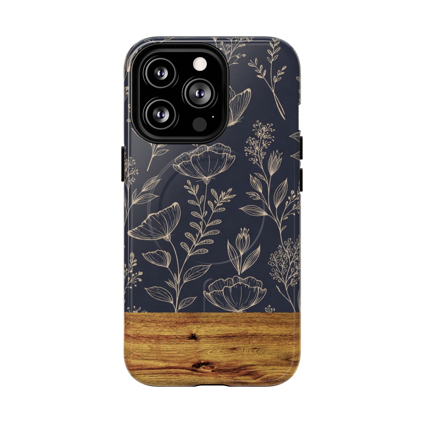 Floral Woodgrain Tough Magnetic Phone Case — Navy Botanical Protection