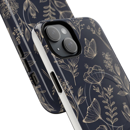 Floral Woodgrain Tough Magnetic Phone Case — Navy Botanical Protection