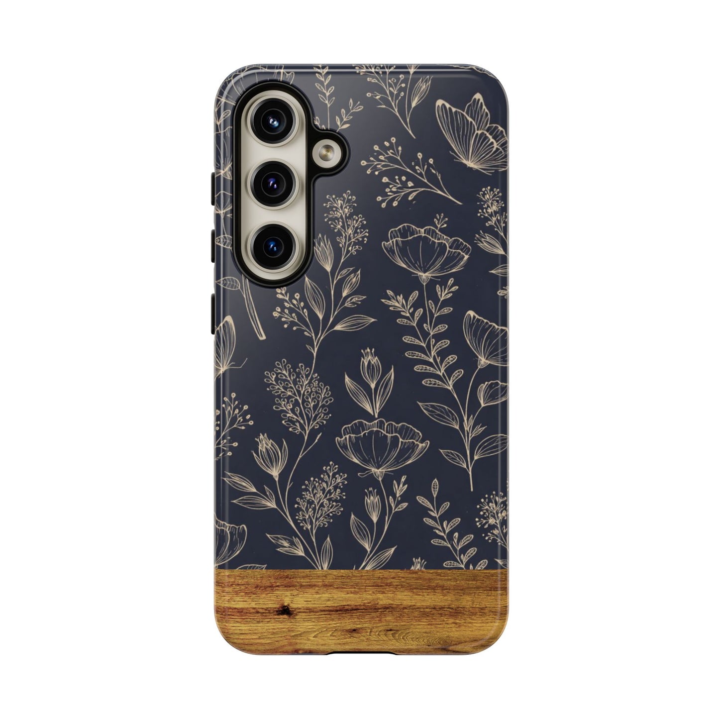 Floral Navy Tough Phone Case — Wood Accent Protective Cover