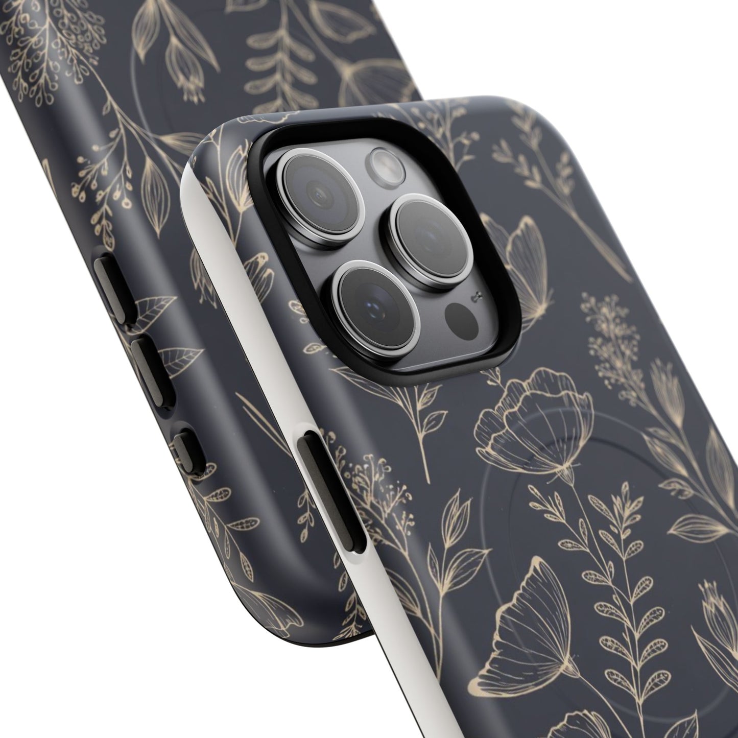Floral Woodgrain Tough Magnetic Phone Case — Navy Botanical Protection
