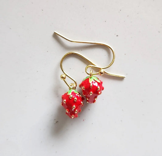 Strawberry Enamel and Brass Charm Dangle Earrings