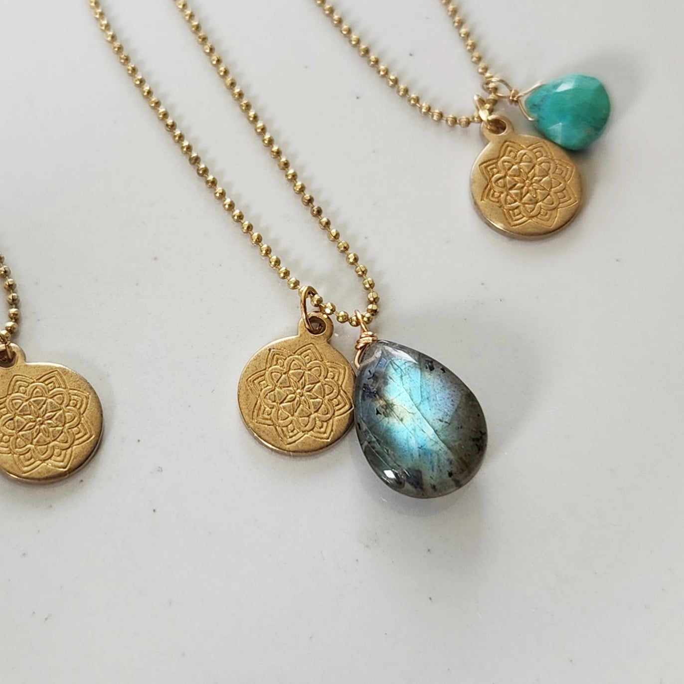 Gemstone and Brass Lotus Flower Charm Pendant Necklaces