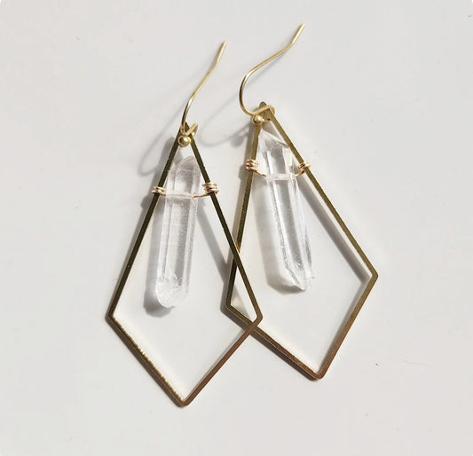 Natural Quartz Crystal and Brass Diamond Dangle Earrings