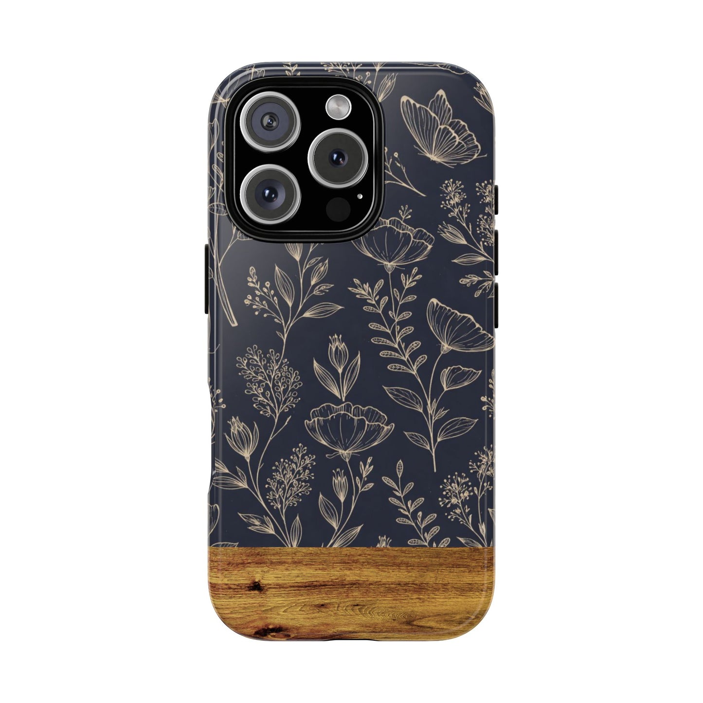 Floral Navy Tough Phone Case — Wood Accent Protective Cover