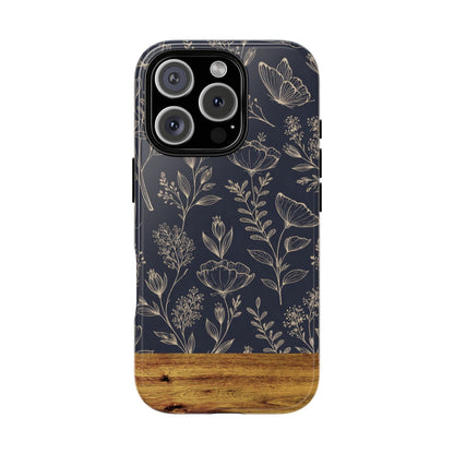 Floral Navy Tough Phone Case — Wood Accent Protective Cover