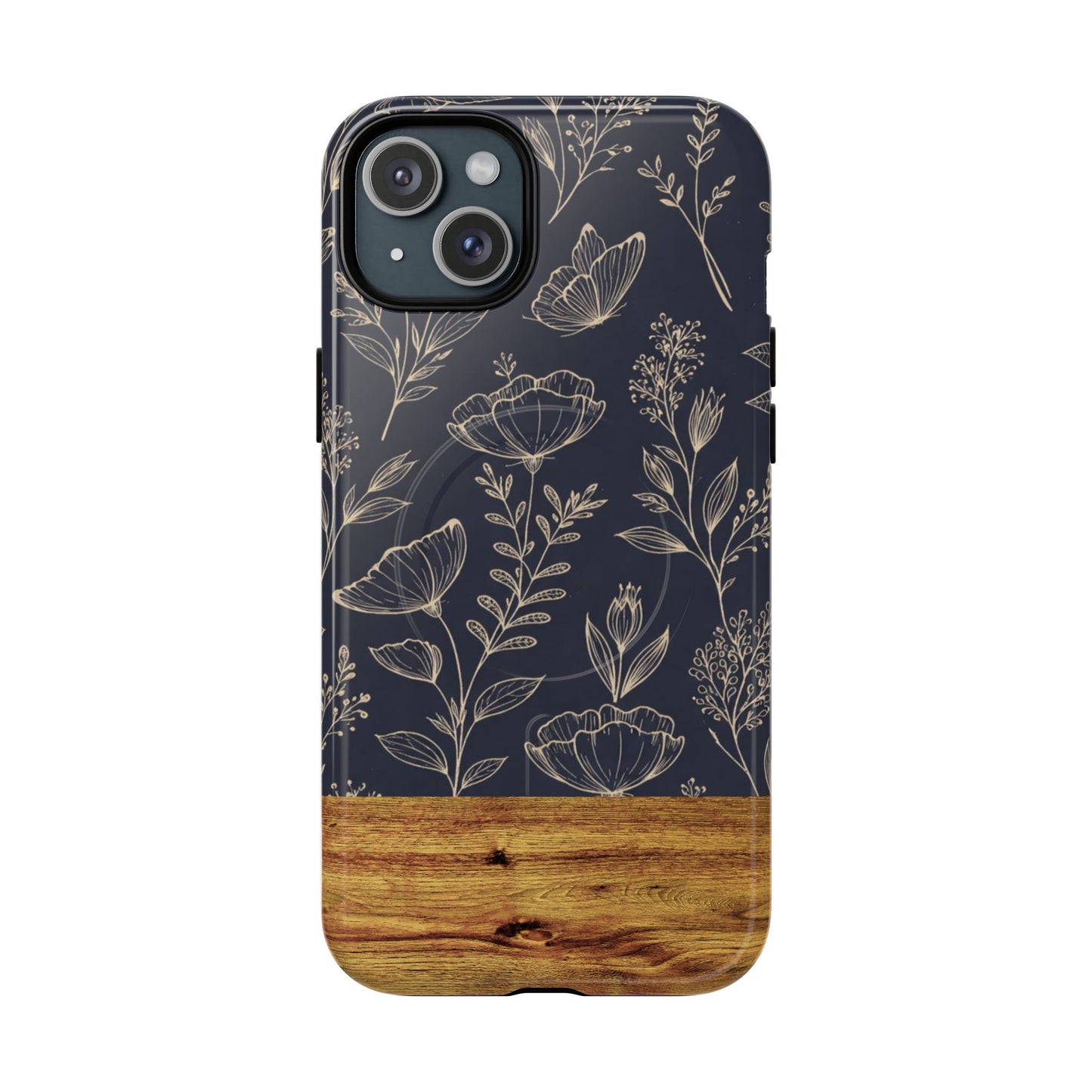 Floral Woodgrain Tough Magnetic Phone Case — Navy Botanical Protection