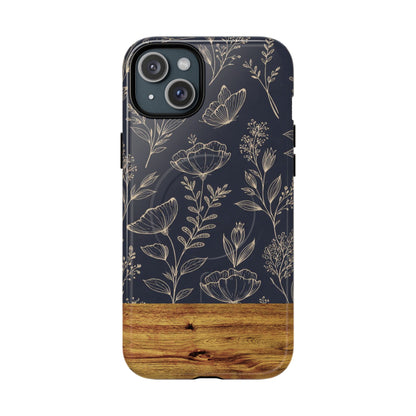 Floral Woodgrain Tough Magnetic Phone Case — Navy Botanical Protection