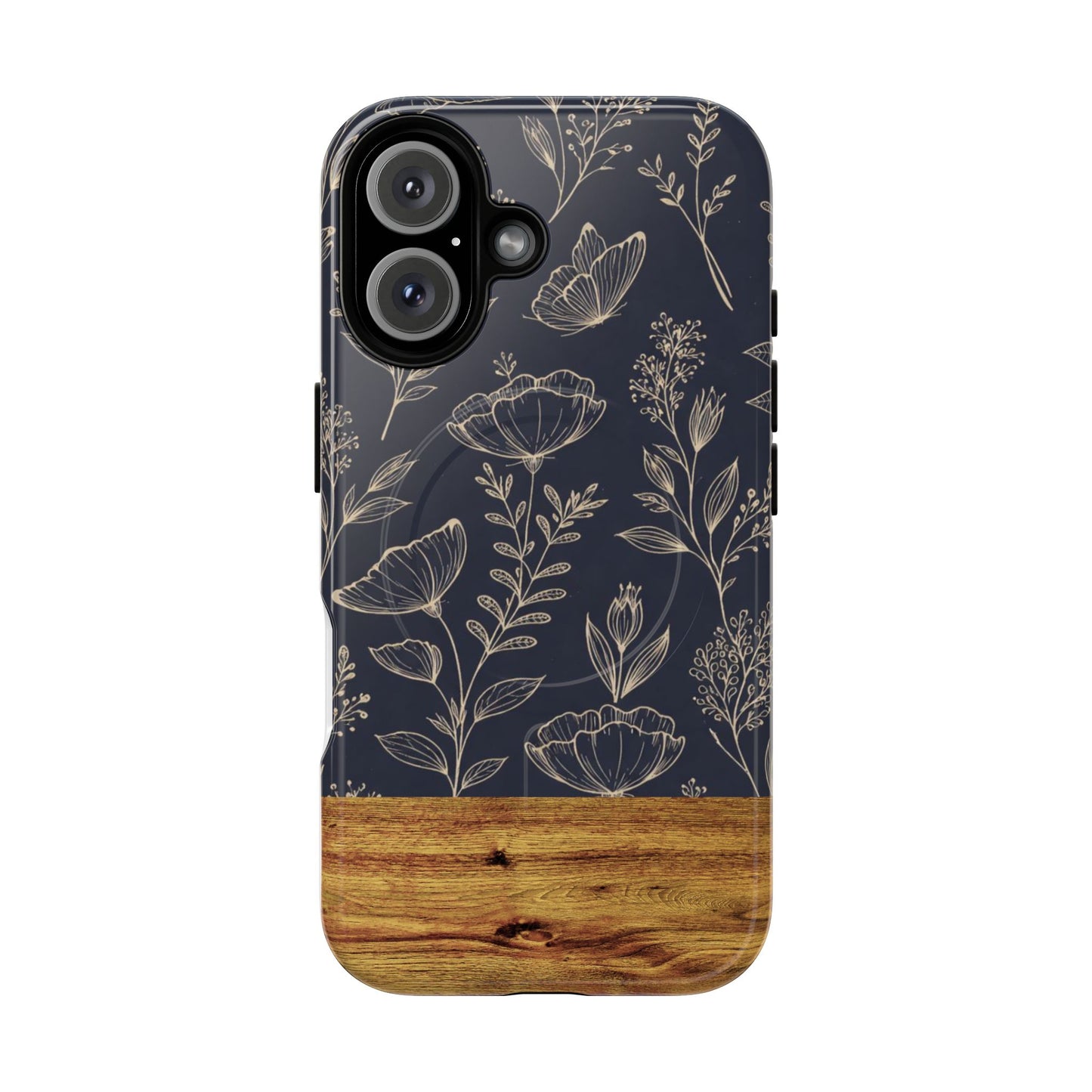 Floral Woodgrain Tough Magnetic Phone Case — Navy Botanical Protection