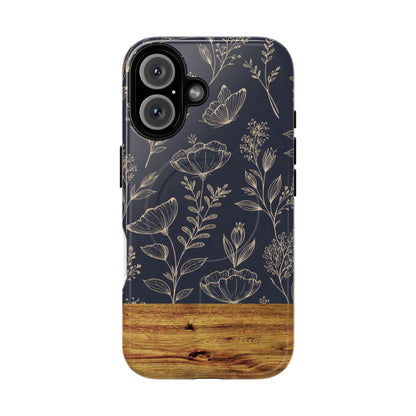 Floral Woodgrain Tough Magnetic Phone Case — Navy Botanical Protection