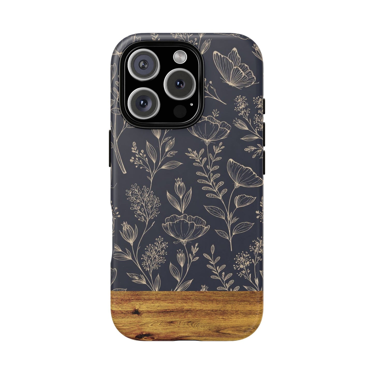 Floral Navy Tough Phone Case — Wood Accent Protective Cover