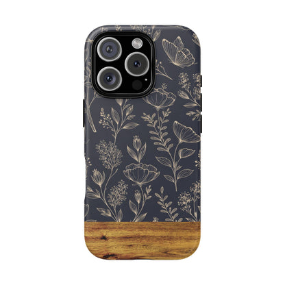 Floral Navy Tough Phone Case — Wood Accent Protective Cover