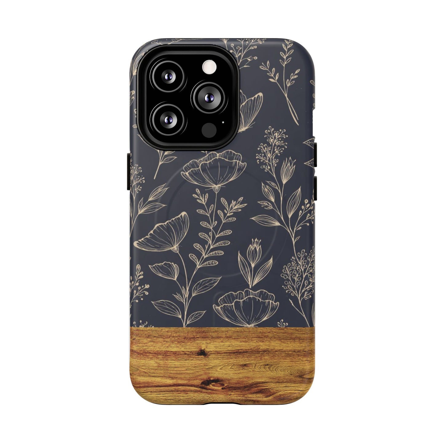 Floral Woodgrain Tough Magnetic Phone Case — Navy Botanical Protection
