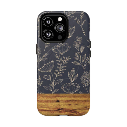 Floral Woodgrain Tough Magnetic Phone Case — Navy Botanical Protection