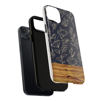 Floral Woodgrain Tough Magnetic Phone Case — Navy Botanical Protection