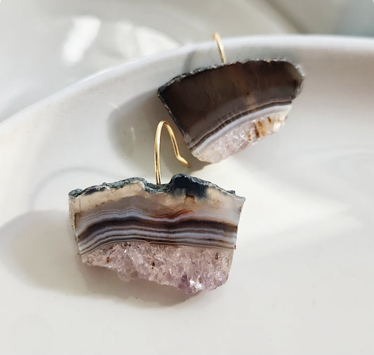 Natural Amethyst Druzy Slice Seamless Dangle Earrings