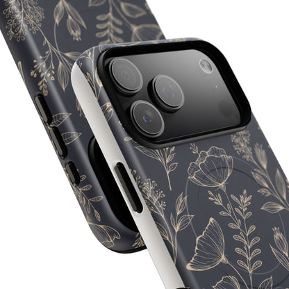 Floral Woodgrain Tough Magnetic Phone Case — Navy Botanical Protection