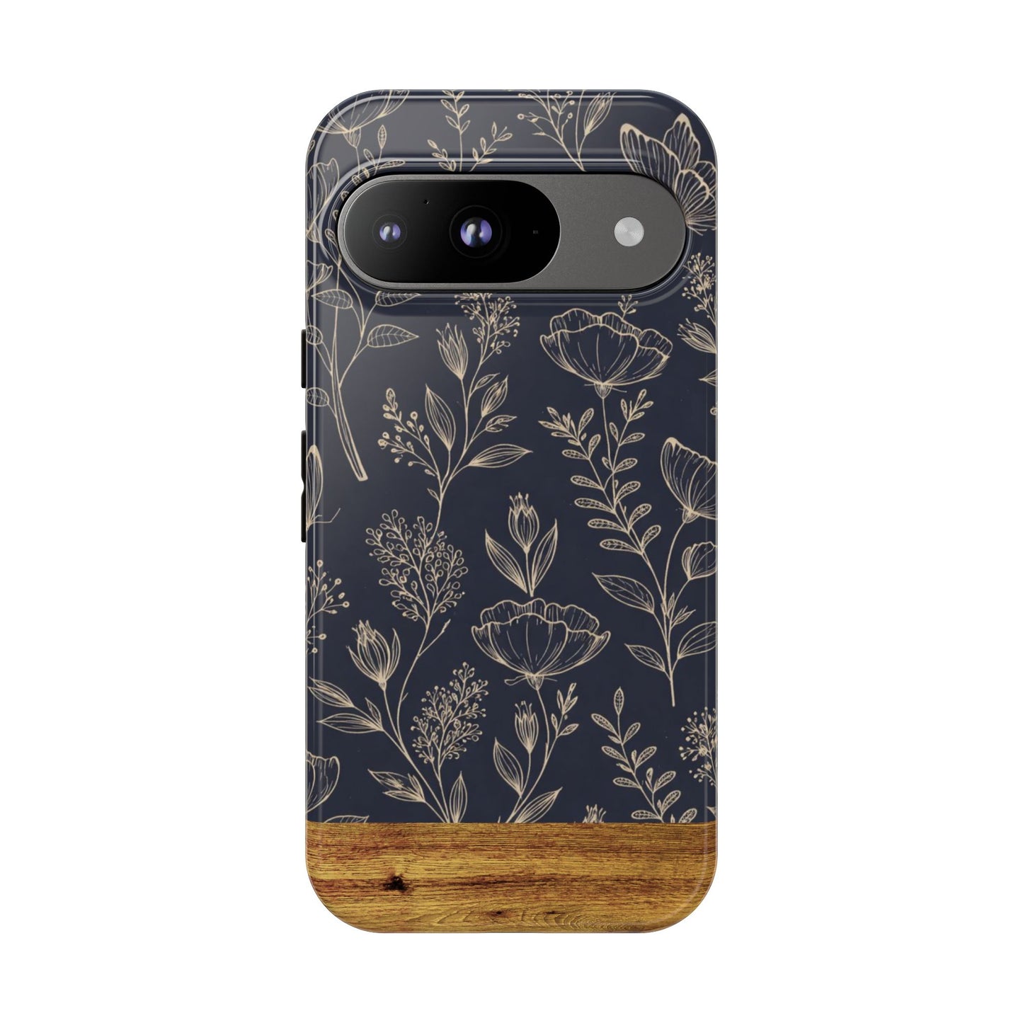 Floral Navy Tough Phone Case — Wood Accent Protective Cover