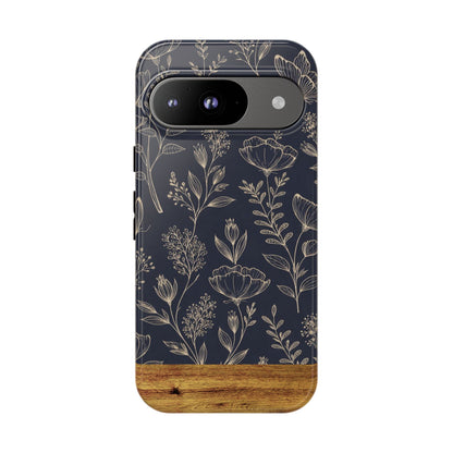 Floral Navy Tough Phone Case — Wood Accent Protective Cover