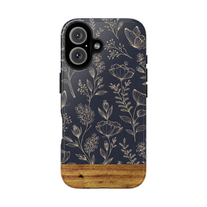 Floral Navy Tough Phone Case — Wood Accent Protective Cover