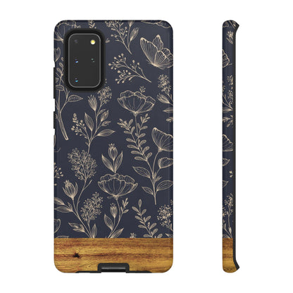 Floral Navy Tough Phone Case — Wood Accent Protective Cover