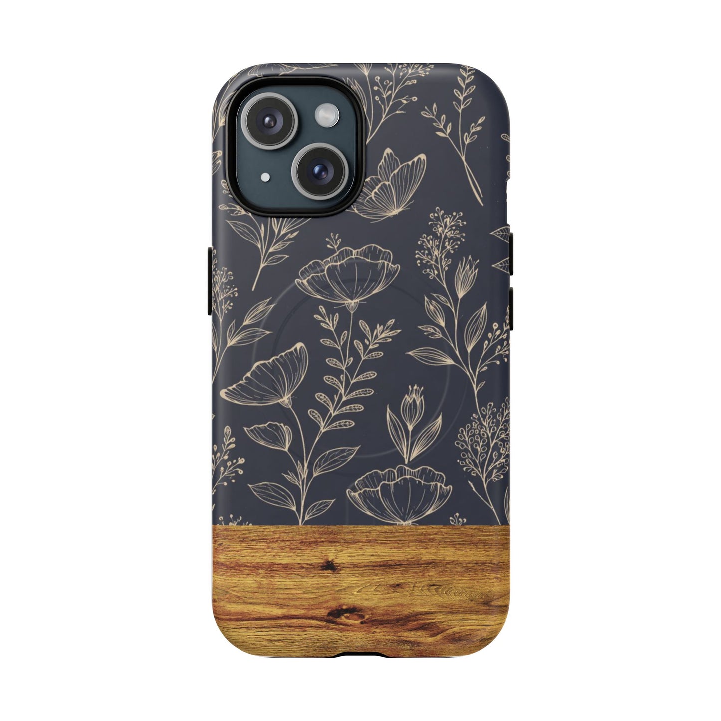 Floral Woodgrain Tough Magnetic Phone Case — Navy Botanical Protection