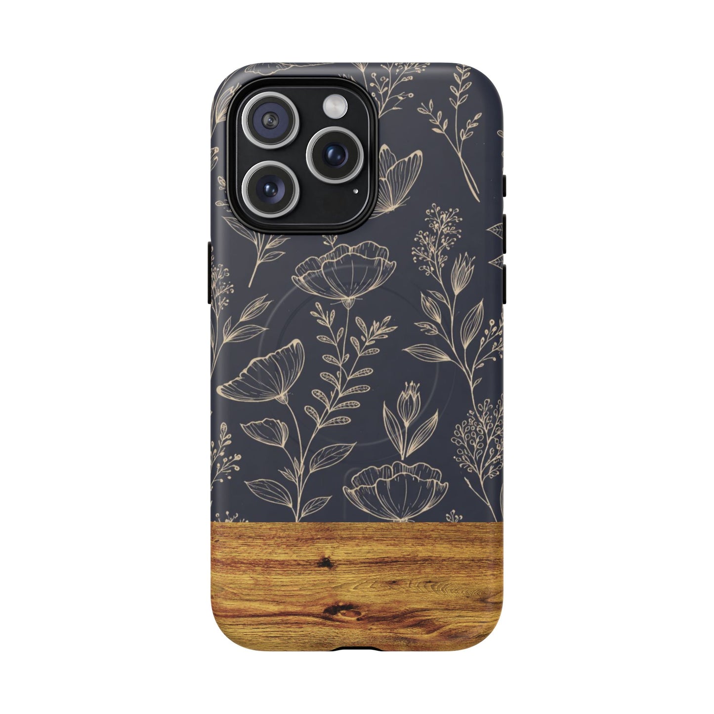 Floral Woodgrain Tough Magnetic Phone Case — Navy Botanical Protection
