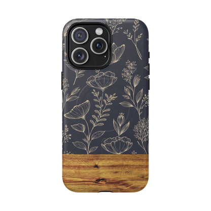 Floral Woodgrain Tough Magnetic Phone Case — Navy Botanical Protection