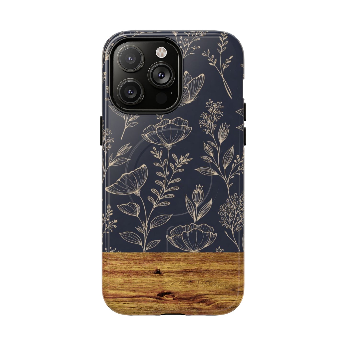 Floral Woodgrain Tough Magnetic Phone Case — Navy Botanical Protection