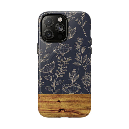 Floral Woodgrain Tough Magnetic Phone Case — Navy Botanical Protection