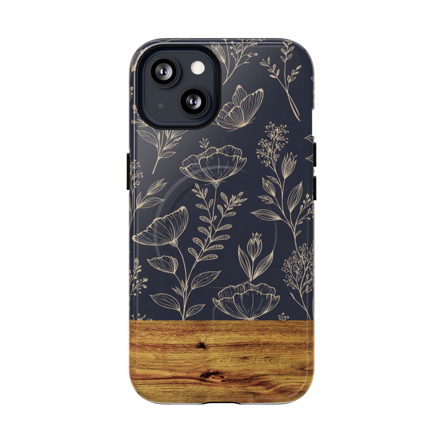 Floral Woodgrain Tough Magnetic Phone Case — Navy Botanical Protection