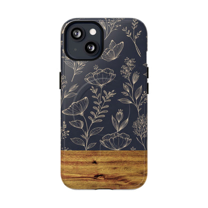 Floral Woodgrain Tough Magnetic Phone Case — Navy Botanical Protection