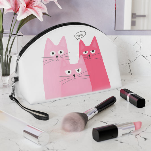 Pink Cat Trio Makeup Bag — Cute 'Meow' Cosmetic Pouch
