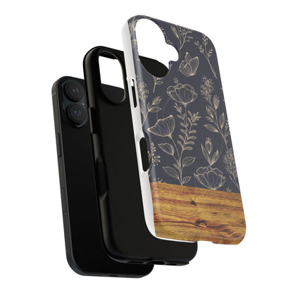 Floral Woodgrain Tough Magnetic Phone Case — Navy Botanical Protection