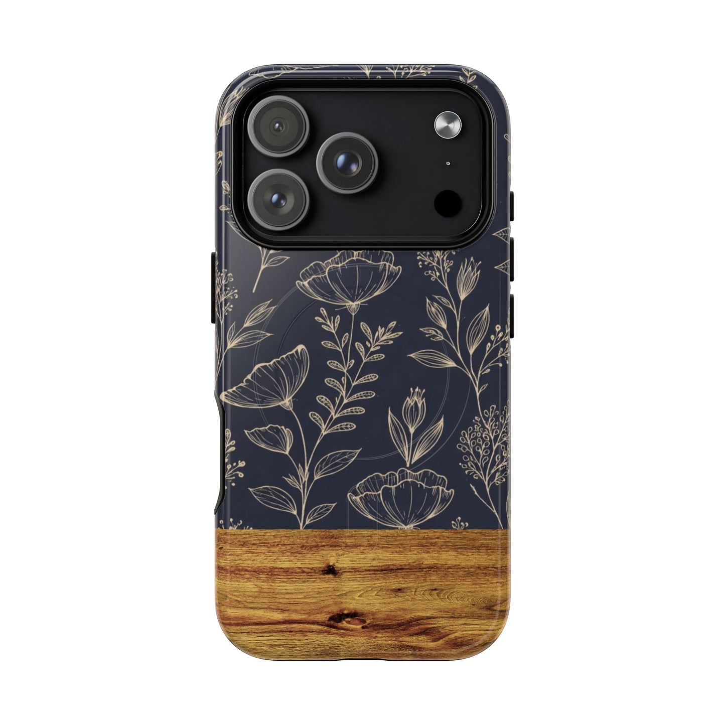 Floral Woodgrain Tough Magnetic Phone Case — Navy Botanical Protection