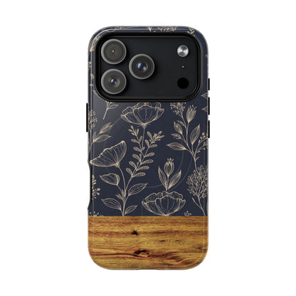Floral Woodgrain Tough Magnetic Phone Case — Navy Botanical Protection