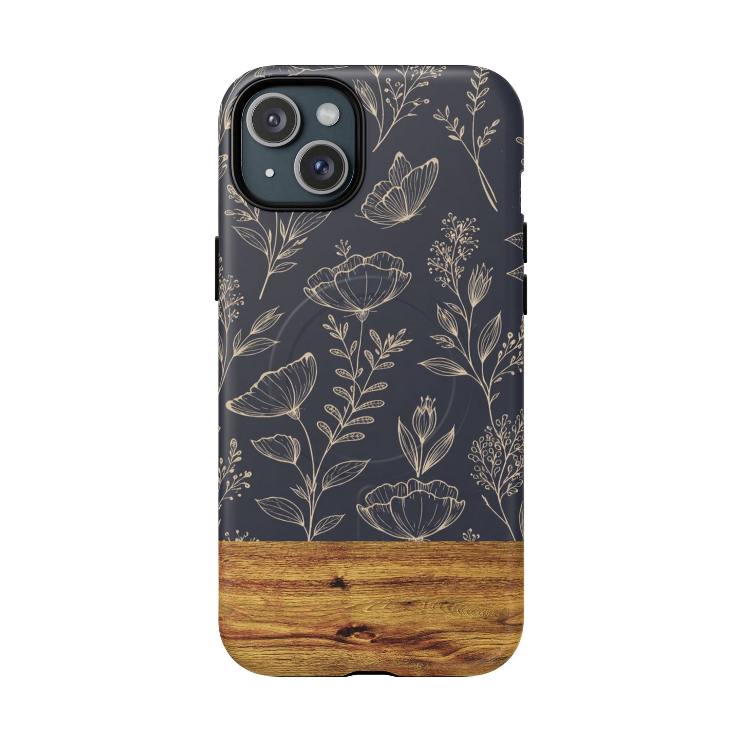 Floral Woodgrain Tough Magnetic Phone Case — Navy Botanical Protection