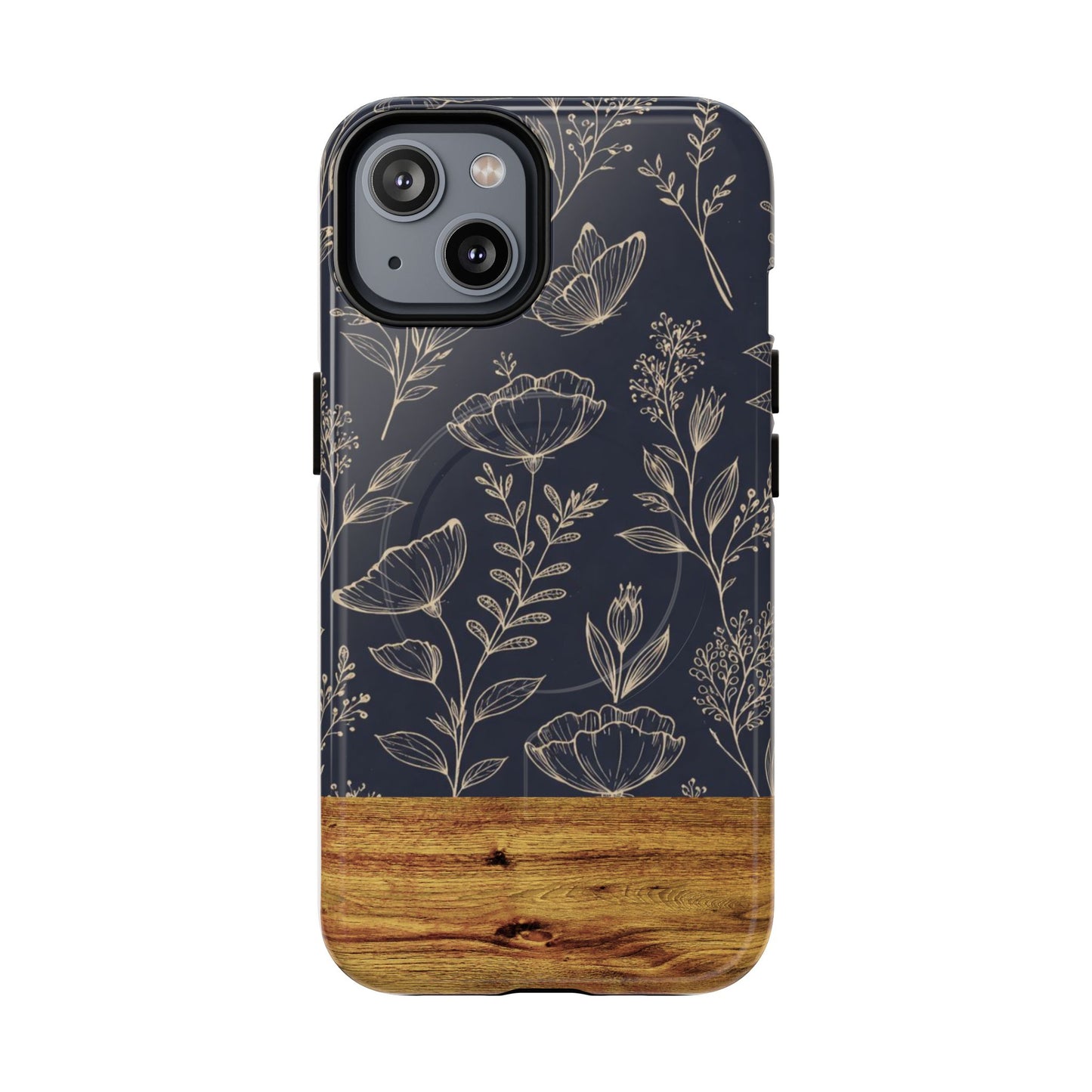Floral Woodgrain Tough Magnetic Phone Case — Navy Botanical Protection