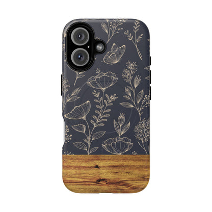 Floral Woodgrain Tough Magnetic Phone Case — Navy Botanical Protection