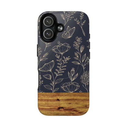 Floral Woodgrain Tough Magnetic Phone Case — Navy Botanical Protection