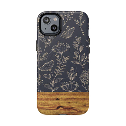 Floral Woodgrain Tough Magnetic Phone Case — Navy Botanical Protection